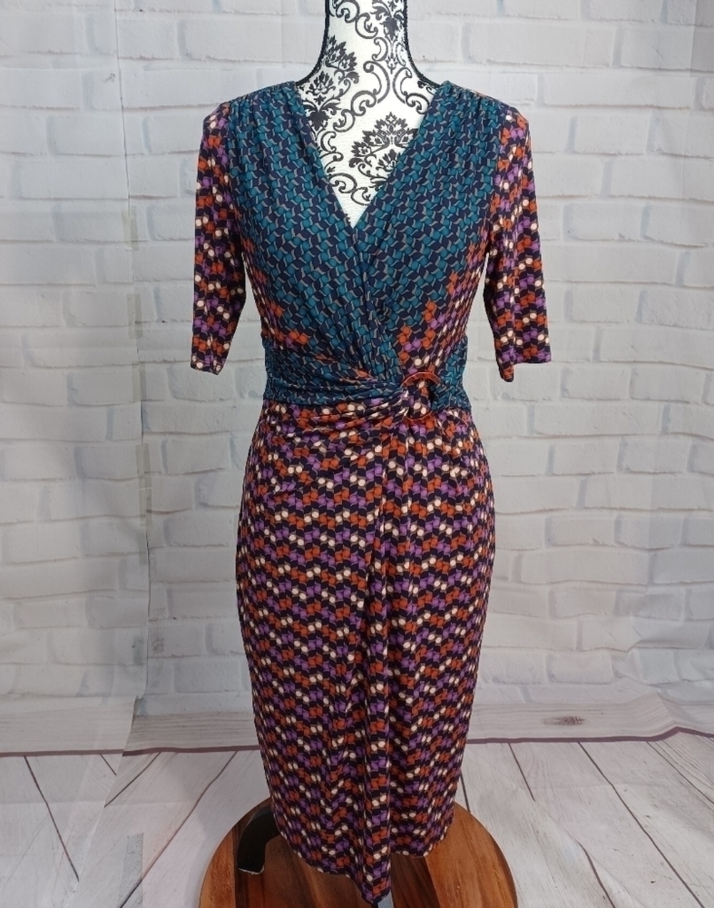 Jones New York women's stretch knit dress faux wrap geo print zip back sz s b29